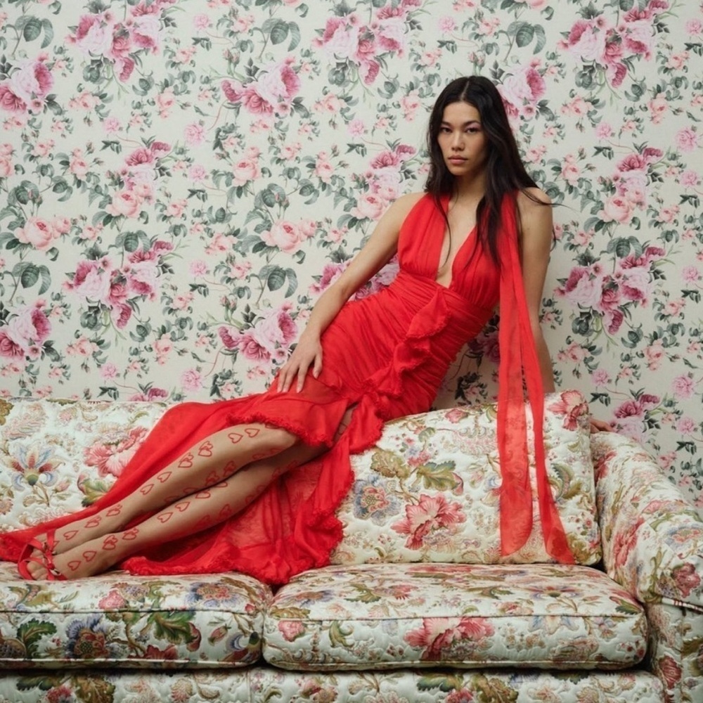 For Love And Lemons Red Kayta Gown Ruched Halter S NWOT
